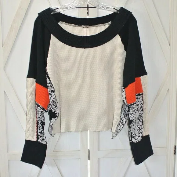 Free People Black and Cream Crop Top with Red Accents - Picture 4 of 7